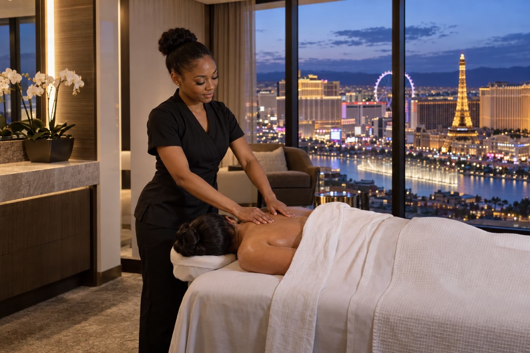 A mobile massage set up inside a Las Vegas hotel suite overlooking the Strip
